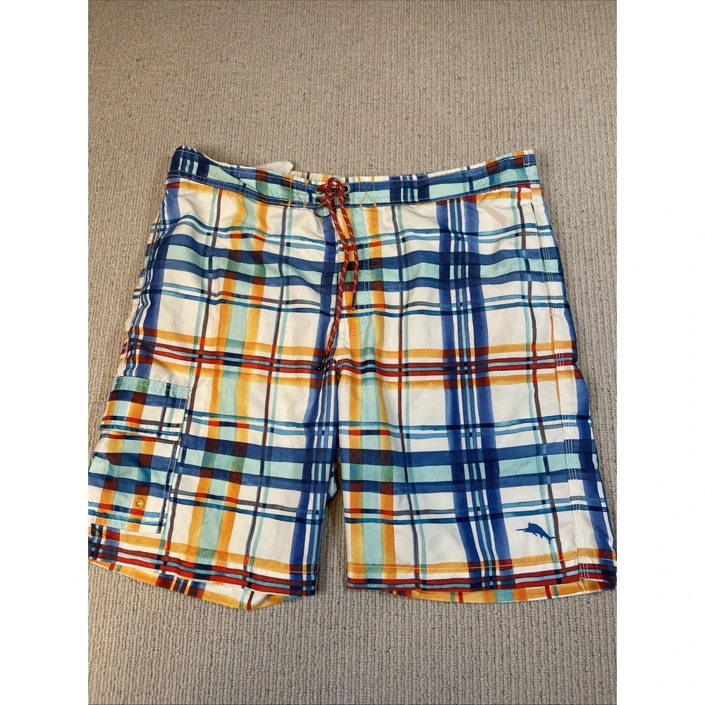 Tommy Bahama Relax Men Large Orange Blue Plaid Swim Trunks Shorts